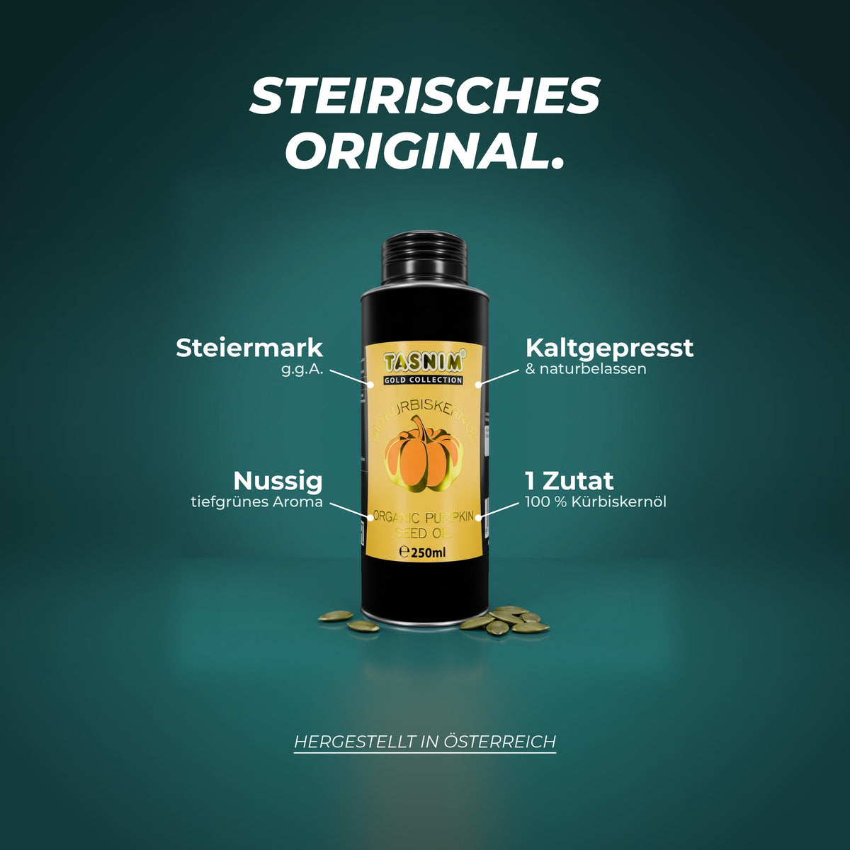 Steirisches Original: Kürbiskernöl aus der Steiermark mit g.g.A., kaltgepresst und naturbelassen, nussig mit tiefgrünem Aroma, eine einzige Zutat – hergestellt in Österreich