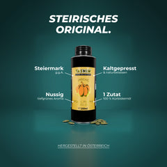 Steirisches Original: Kürbiskernöl aus der Steiermark mit g.g.A., kaltgepresst und naturbelassen, nussig mit tiefgrünem Aroma, eine einzige Zutat – hergestellt in Österreich