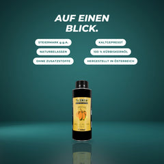 Auf einen Blick: Steiermark g.g.A., kaltgepresst, naturbelassen, 100 % Kürbiskernöl, ohne Zusatzstoffe, hergestellt in Österreich