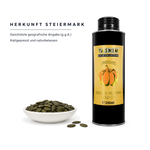 Herkunft Steiermark – geschützte geografische Angabe (g.g.A.), kaltgepresst und naturbelassen, Flasche mit Kürbiskernen