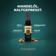 Mandelöl: 100 % Mandelöl, kaltgepresst, mit natürlich enthaltenem Vitamin E, 100 ml Glasflasche – für Haut, Haar und Küche