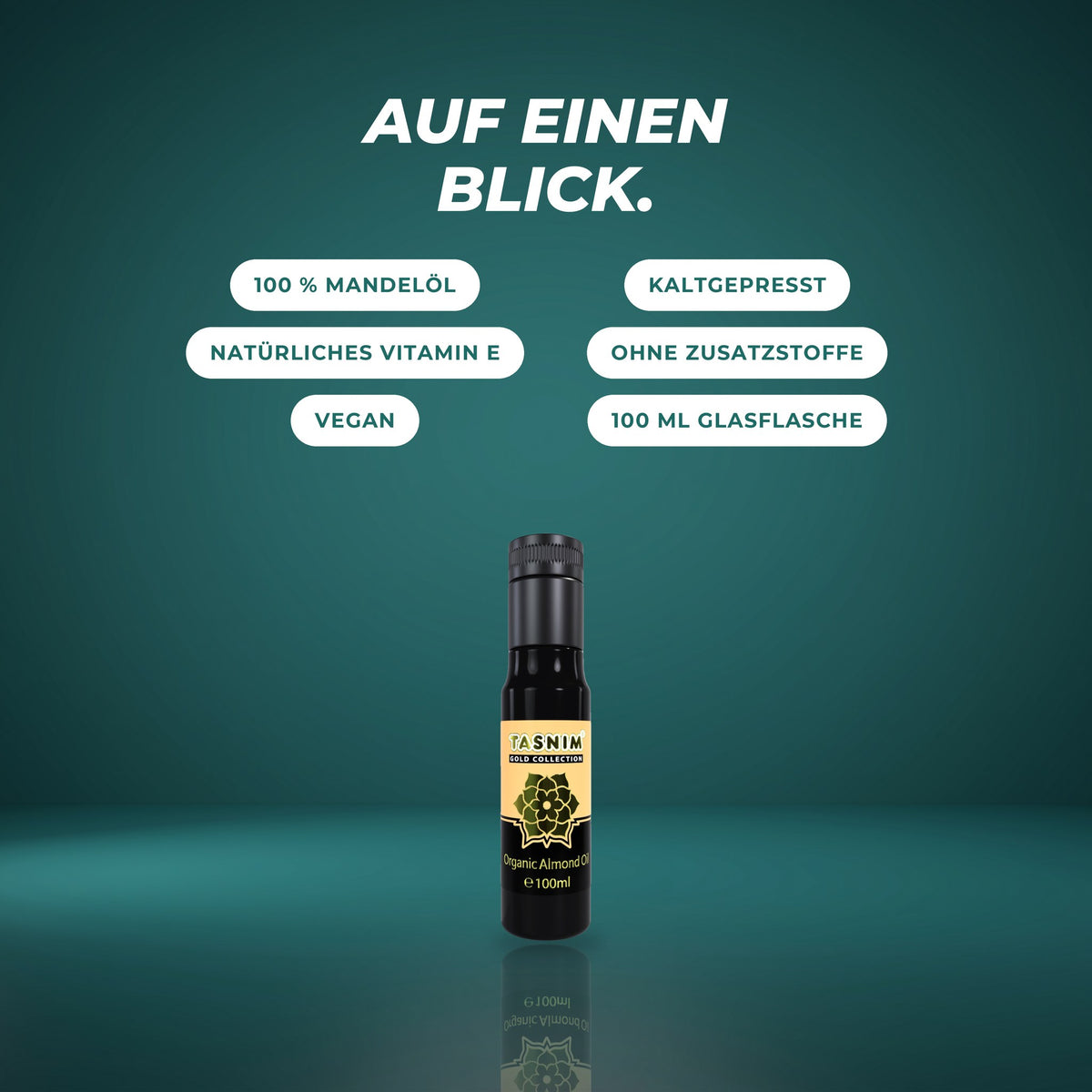 Auf einen Blick: 100 % Mandelöl, kaltgepresst, natürliches Vitamin E, ohne Zusatzstoffe, vegan, 100 ml Glasflasche