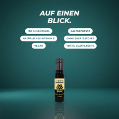 Auf einen Blick: 100 % Mandelöl, kaltgepresst, natürliches Vitamin E, ohne Zusatzstoffe, vegan, 100 ml Glasflasche
