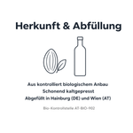 Grafik Herkunft und Abfüllung: aus kontrolliert biologischem Anbau, schonend kaltgepresst, abgefüllt in Hainburg und Wien, Bio-Kontrollstelle AT-BIO-902