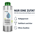 Nur eine Zutat: 100 % Bio-Schwarzkümmelöl (Nigella sativa) – kaltgepresst, gefiltert und klar, ohne Zusätze