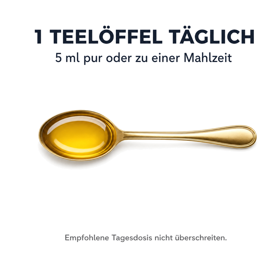 Dosierung: 1 Teelöffel täglich, 5 ml pur oder zu einer Mahlzeit – empfohlene Tagesdosis nicht überschreiten