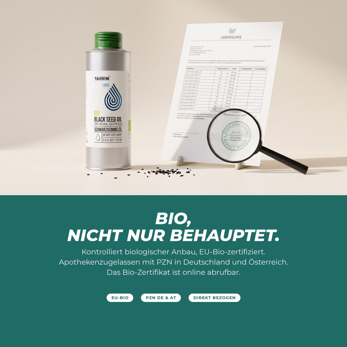 Bio, nicht nur behauptet: EU-Bio-zertifiziert, apothekenzugelassen mit PZN in DE und AT, Zertifikat online abrufbar