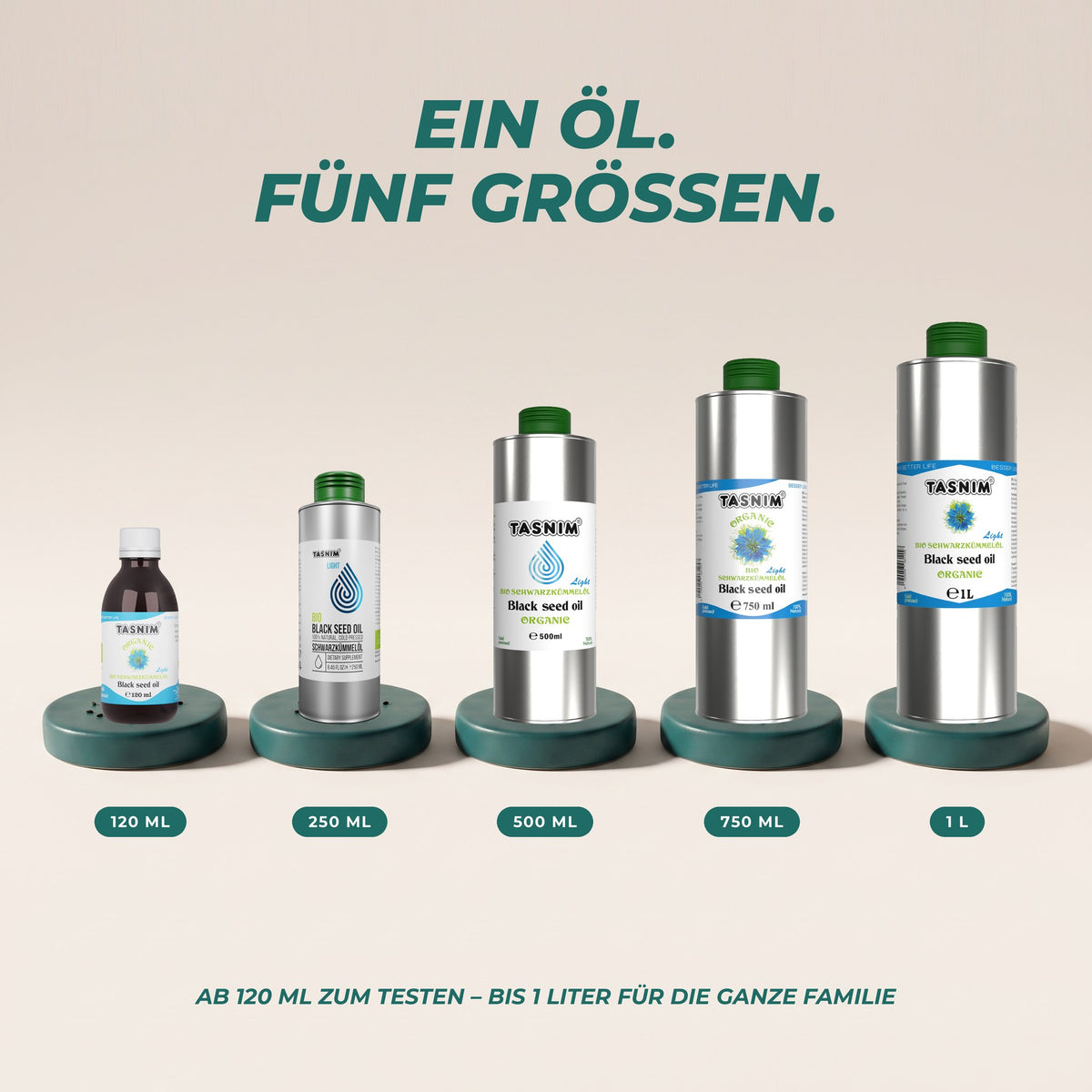 Ein Öl, fünf Größen: 120 ml, 250 ml, 500 ml, 750 ml und 1 Liter