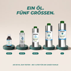 Ein Öl, fünf Größen: 120 ml, 250 ml, 500 ml, 750 ml und 1 Liter