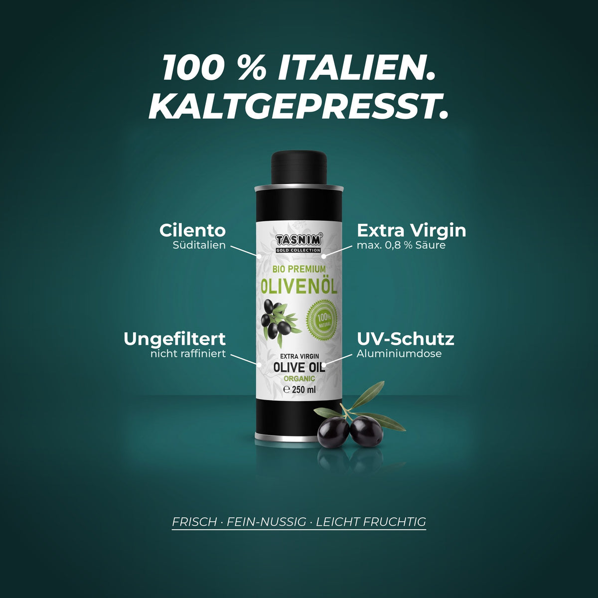 100 % Italien, kaltgepresst: Oliven aus dem Cilento in Süditalien, Extra Virgin mit max. 0,8 % Säure, ungefiltert und nicht raffiniert, in der UV-Schutz-Aluminiumdose