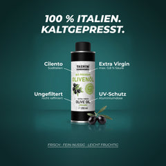100 % Italien, kaltgepresst: Oliven aus dem Cilento in Süditalien, Extra Virgin mit max. 0,8 % Säure, ungefiltert und nicht raffiniert, in der UV-Schutz-Aluminiumdose