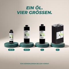 Ein Öl, vier Größen: Olivenöl Extra Virgin in 250 ml, 750 ml, 1 Liter und 5 Liter
