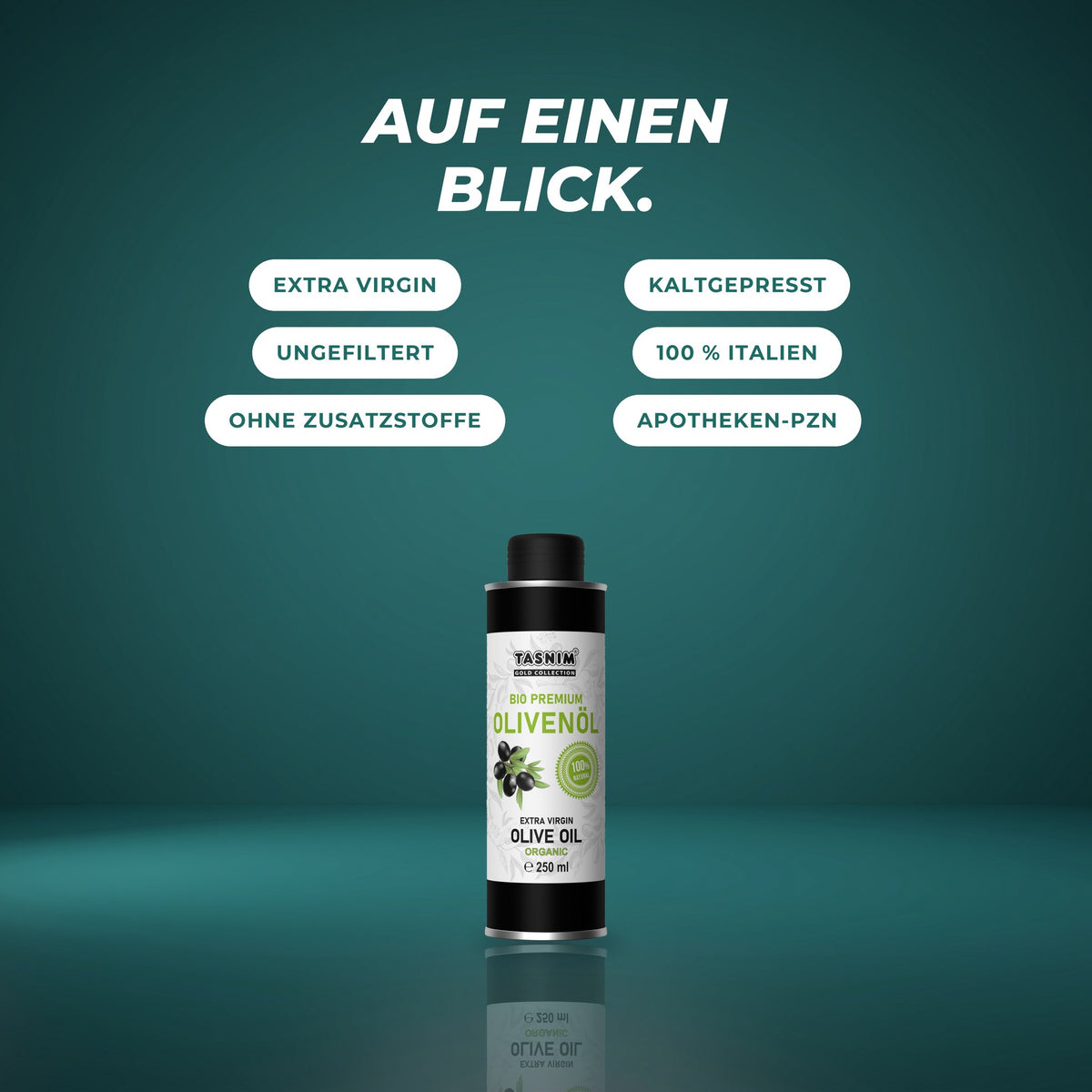 Auf einen Blick: Extra Virgin, kaltgepresst, ungefiltert, 100 % Italien, ohne Zusatzstoffe, mit Apotheken-PZN