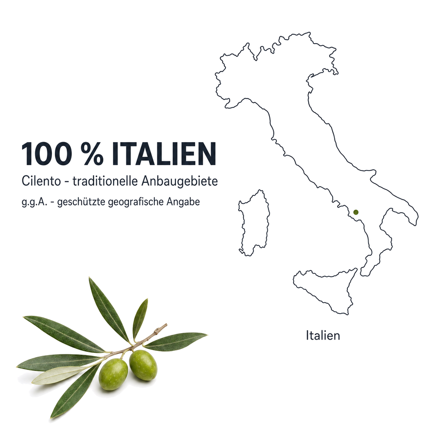 Herkunftsgrafik: 100 % Italien, Cilento – traditionelle Anbaugebiete, g.g.A. – geschützte geografische Angabe, mit Umrisskarte Italiens und Olivenzweig auf reinweißem Hintergrund.