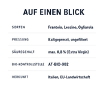 Faktentafel Auf einen Blick: Sorten Frantoio, Leccino, Ogliarola; Pressung kaltgepresst und ungefiltert; Säuregehalt max. 0,8 % (Extra Virgin); Bio-Kontrollstelle AT-BIO-902; Herkunft Italien, EU-Landwirtschaft.