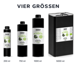 Größenübersicht Vier Größen: Tasnim Bio Olivenöl in 250 ml, 750 ml und 1000 ml Aluminiumflasche sowie 5000 ml Kanister nebeneinander im Größenvergleich auf reinweißem Hintergrund.