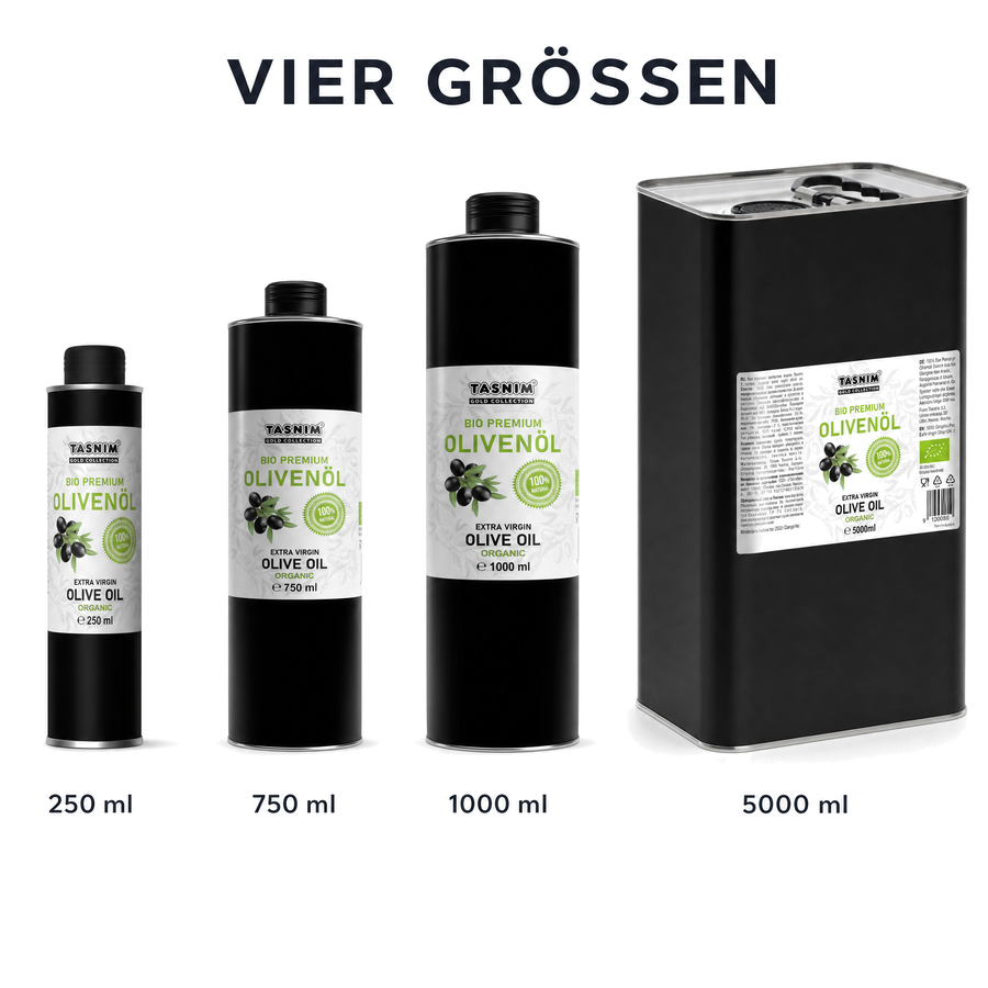 Größenübersicht Vier Größen: Tasnim Bio Olivenöl in 250 ml, 750 ml und 1000 ml Aluminiumflasche sowie 5000 ml Kanister nebeneinander im Größenvergleich auf reinweißem Hintergrund.