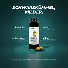 Schwarzkümmel, milder: Schwarzkümmelöl aus Äthiopien, Olivenöl Extra Virgin aus Italien, kaltgepresst und ungefiltert, ideal für den Einstieg