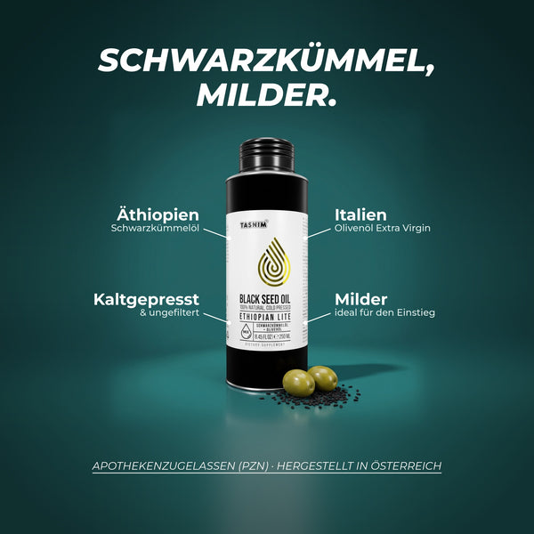 Schwarzkümmel, milder: Schwarzkümmelöl aus Äthiopien, Olivenöl Extra Virgin aus Italien, kaltgepresst und ungefiltert, ideal für den Einstieg