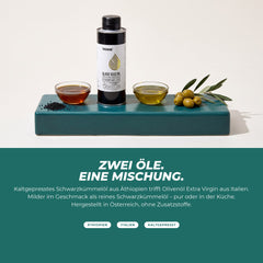 Zwei Öle, eine Mischung: Schwarzkümmelöl und Olivenöl Extra Virgin mit Samen, Oliven und Olivenzweig