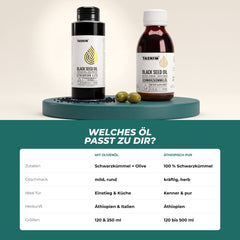 Welches Öl passt zu dir: Mischung mit Olivenöl (mild) gegenüber reinem äthiopischem Schwarzkümmelöl (kräftig)