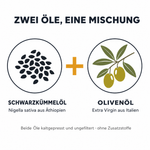 Zwei Öle, eine Mischung: Schwarzkümmelöl Nigella sativa aus Äthiopien und Olivenöl Extra Virgin aus Italien, beide kaltgepresst und ungefiltert