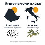 Herkunft Äthiopien und Italien: Schwarzkümmel Nigella sativa und Olivenöl Extra Virgin, hergestellt in Österreich nach EU-Standards