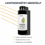 Lichtgeschützt abgefüllt in dunkler, blickdichter Flasche, kaltgepresst und ungefiltert