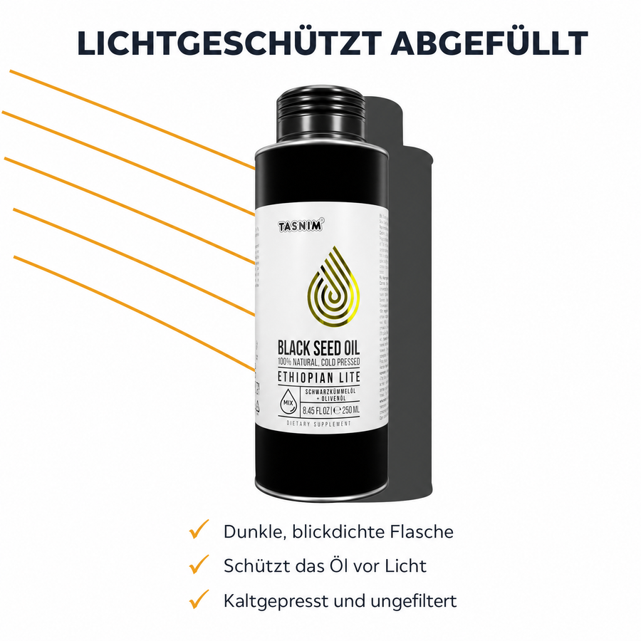 Lichtgeschützt abgefüllt in dunkler, blickdichter Flasche, kaltgepresst und ungefiltert