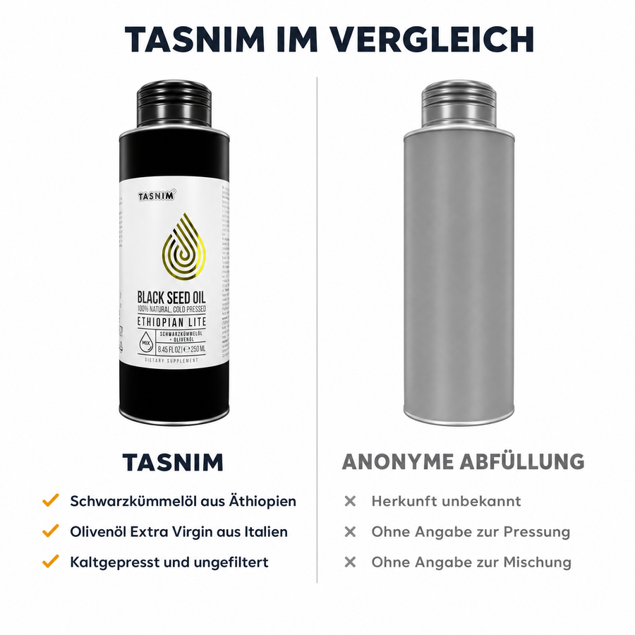 Tasnim im Vergleich zu einer anonymen Abfüllung: dokumentierte Herkunft aus Äthiopien und Italien, kaltgepresst und ungefiltert