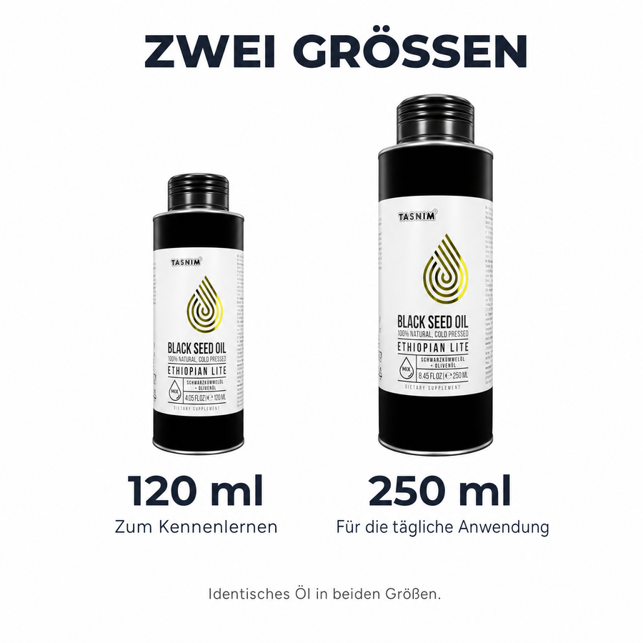Zwei Größen: 120 ml zum Kennenlernen und 250 ml für die tägliche Anwendung, identisches Öl in beiden Größen