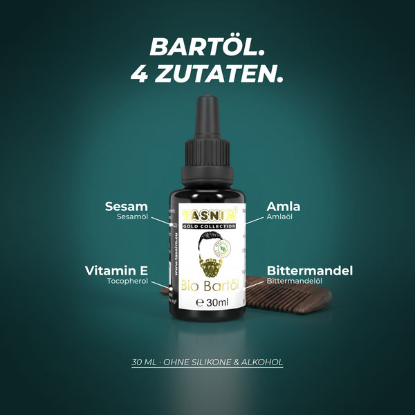 Bartöl aus vier Zutaten: Sesamöl, Amlaöl, Bittermandelöl und Vitamin E – 30 ml, ohne Silikone und Alkohol