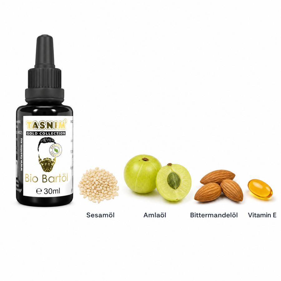 Tasnim Bio Bartöl 30 ml neben Sesamsamen, Amla-Frucht, Mandeln und Vitamin E