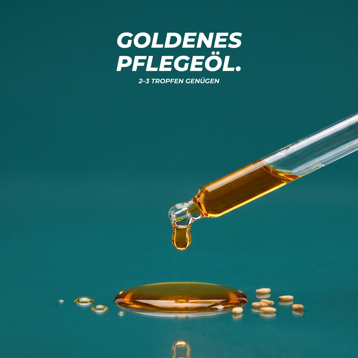 Textur: ein goldener Tropfen Bartöl fällt aus der Glaspipette in eine kleine Ölpfütze mit Sesamsamen