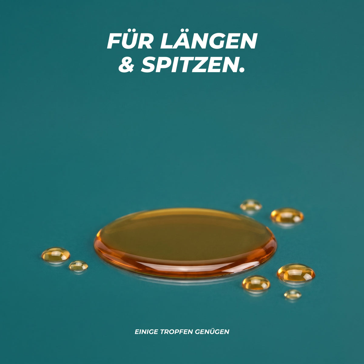 Goldene Öl-Pfütze mit kleinen Tropfen auf Petrol – für Längen und Spitzen, einige Tropfen genügen