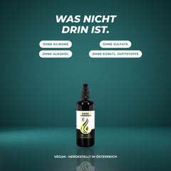 Was nicht drin ist: ohne Silikone, Sulfate, Alkohol und künstliche Duftstoffe – vegan, hergestellt in Österreich