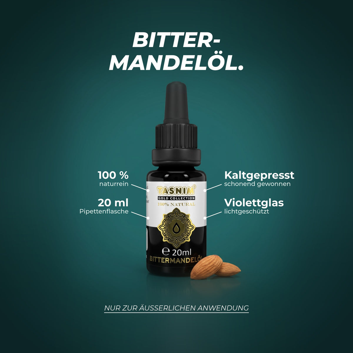 Bittermandelöl: 100 % naturrein, kaltgepresst, 20 ml in lichtgeschützter Violettglas-Pipettenflasche – nur zur äußerlichen Anwendung