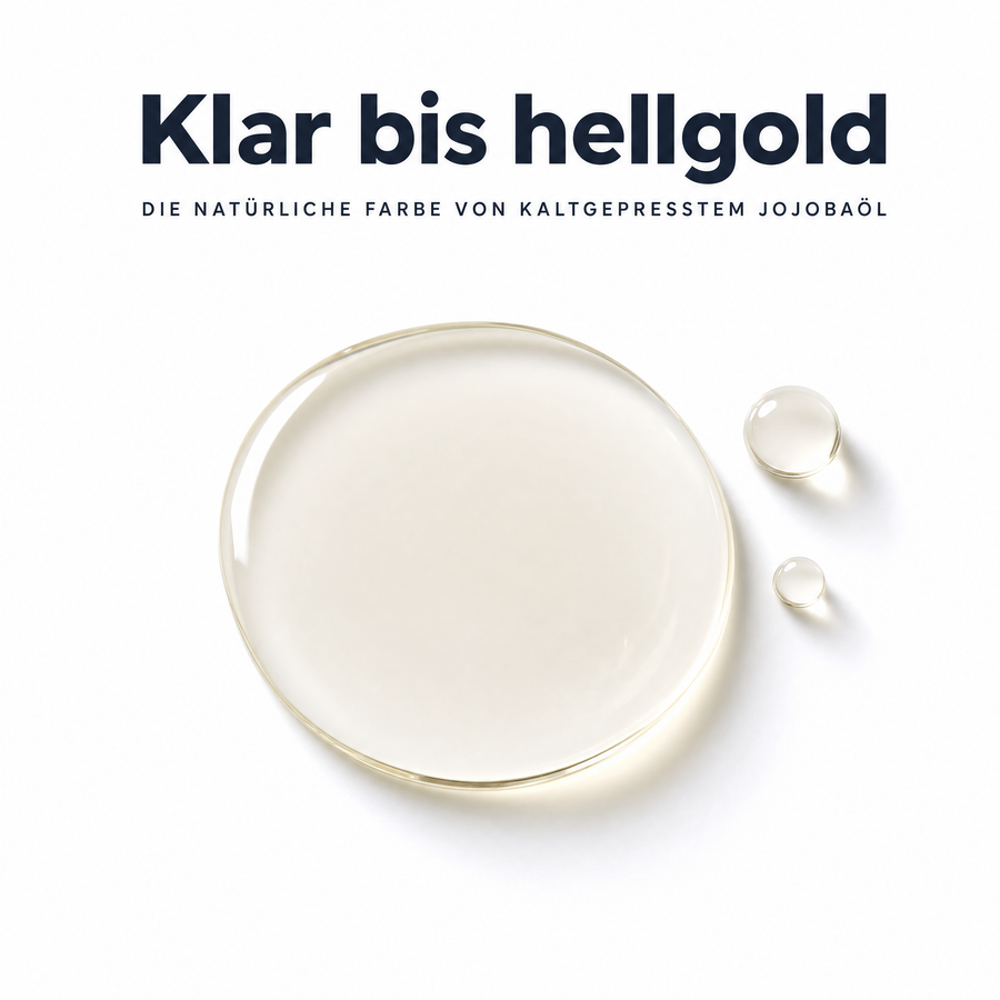 Textur-Makro von Tasnim Bio Jojobaöl: klare bis hellgoldene Öl-Pfütze mit zwei Satellitentropfen auf reinweißer Fläche, Überschrift „Klar bis hellgold – die natürliche Farbe von kaltgepresstem Jojobaöl“.