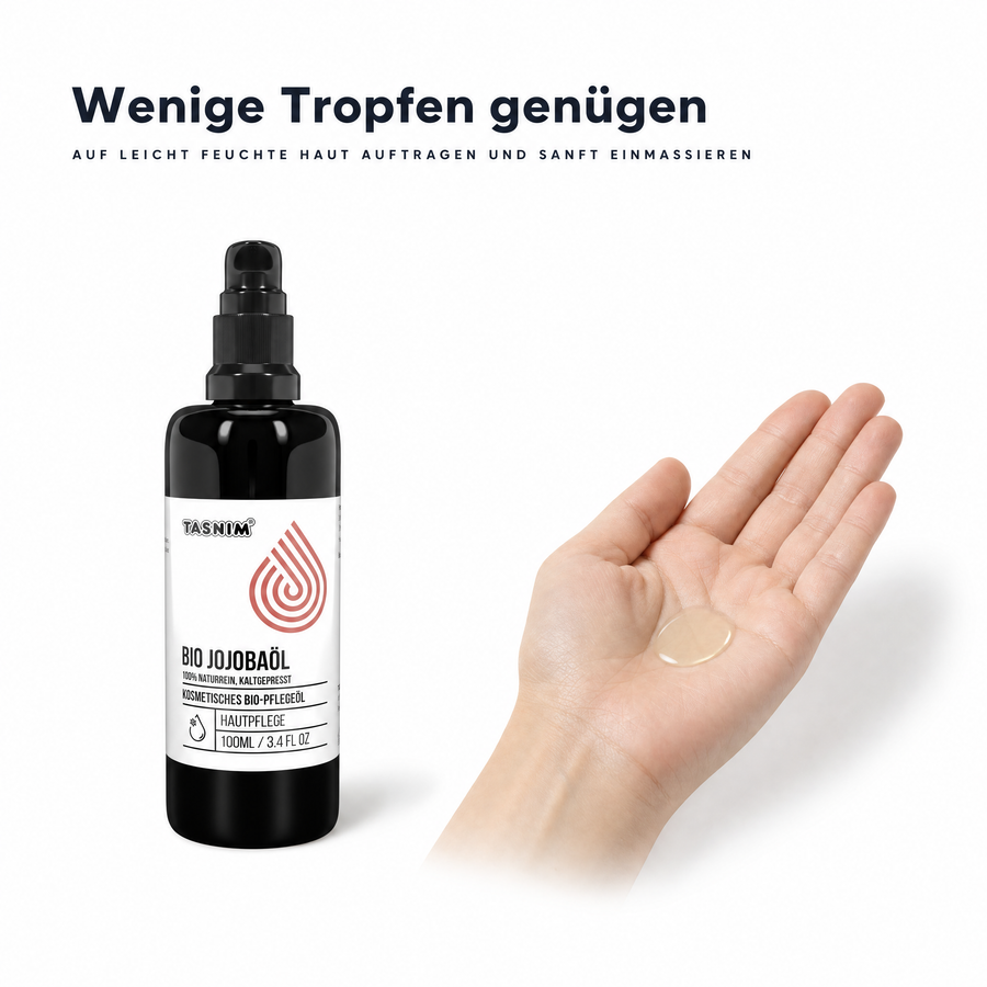 Anwendung von Tasnim Bio Jojobaöl: klares Öl in einer geöffneten Handfläche neben der 100-ml-Flasche, Überschrift „Wenige Tropfen genügen – auf leicht feuchte Haut auftragen und sanft einmassieren“.