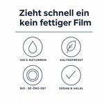 Grafik „Zieht schnell ein – kein fettiger Film“ mit vier Merkmalen: 100 % naturrein, kaltgepresst, Bio DE-ÖKO-007, vegan und halal.