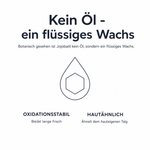Grafik „Kein Öl – ein flüssiges Wachs“: Botanisch gesehen ist Jojobaöl ein flüssiges Wachs, oxidationsstabil und dem hauteigenen Talg ähnlich.