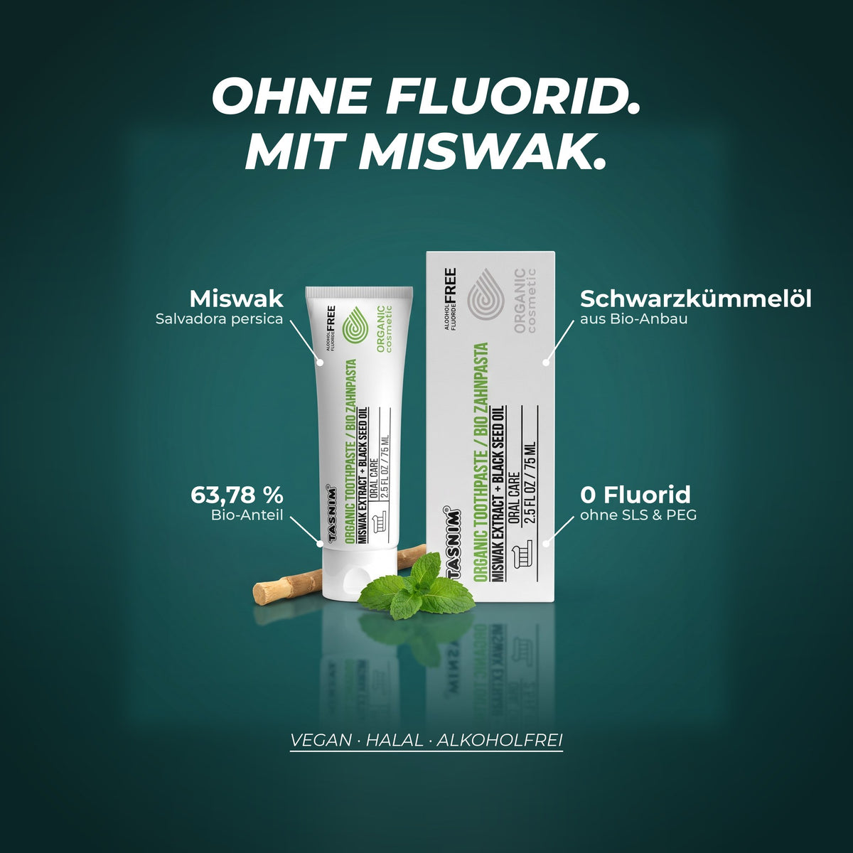Ohne Fluorid, mit Miswak: Miswak (Salvadora persica), Schwarzkümmelöl aus Bio-Anbau, 63,78 % Bio-Anteil, ohne SLS und PEG