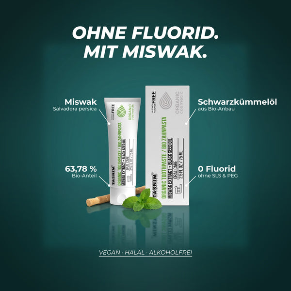 Ohne Fluorid, mit Miswak: Miswak (Salvadora persica), Schwarzkümmelöl aus Bio-Anbau, 63,78 % Bio-Anteil, ohne SLS und PEG