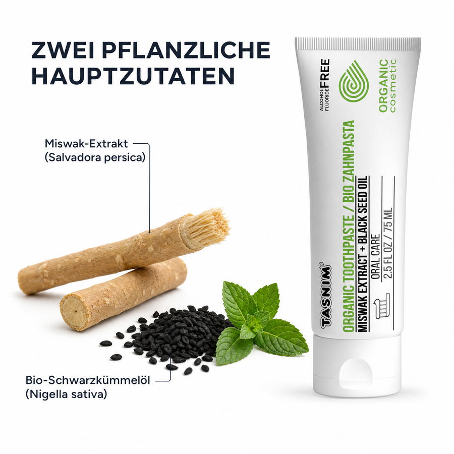 Rohstoff-Stillleben auf Weiß: Miswak-Zweig (Salvadora persica), schwarze Schwarzkümmelsamen (Nigella sativa) und Minzblätter neben der Tasnim Bio-Zahnpasta-Tube 75 ml.
