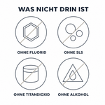 Ohne-Liste der Tasnim Bio-Zahnpasta mit vier durchgestrichenen Icons: ohne Fluorid, ohne SLS, ohne Titandioxid, ohne Alkohol.