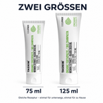 Größenvergleich der Tasnim Bio-Zahnpasta: Tube mit 75 ml neben Tube mit 125 ml auf weißem Hintergrund, gleiche Rezeptur in zwei Füllmengen.