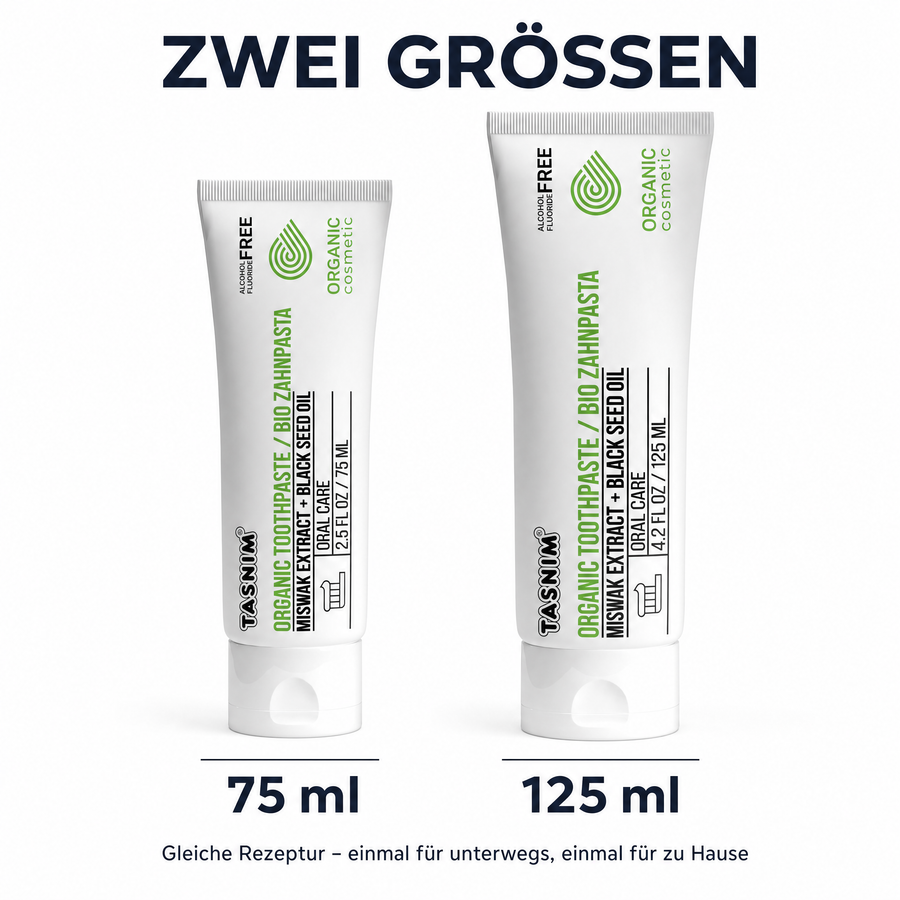 Größenvergleich der Tasnim Bio-Zahnpasta: Tube mit 75 ml neben Tube mit 125 ml auf weißem Hintergrund, gleiche Rezeptur in zwei Füllmengen.