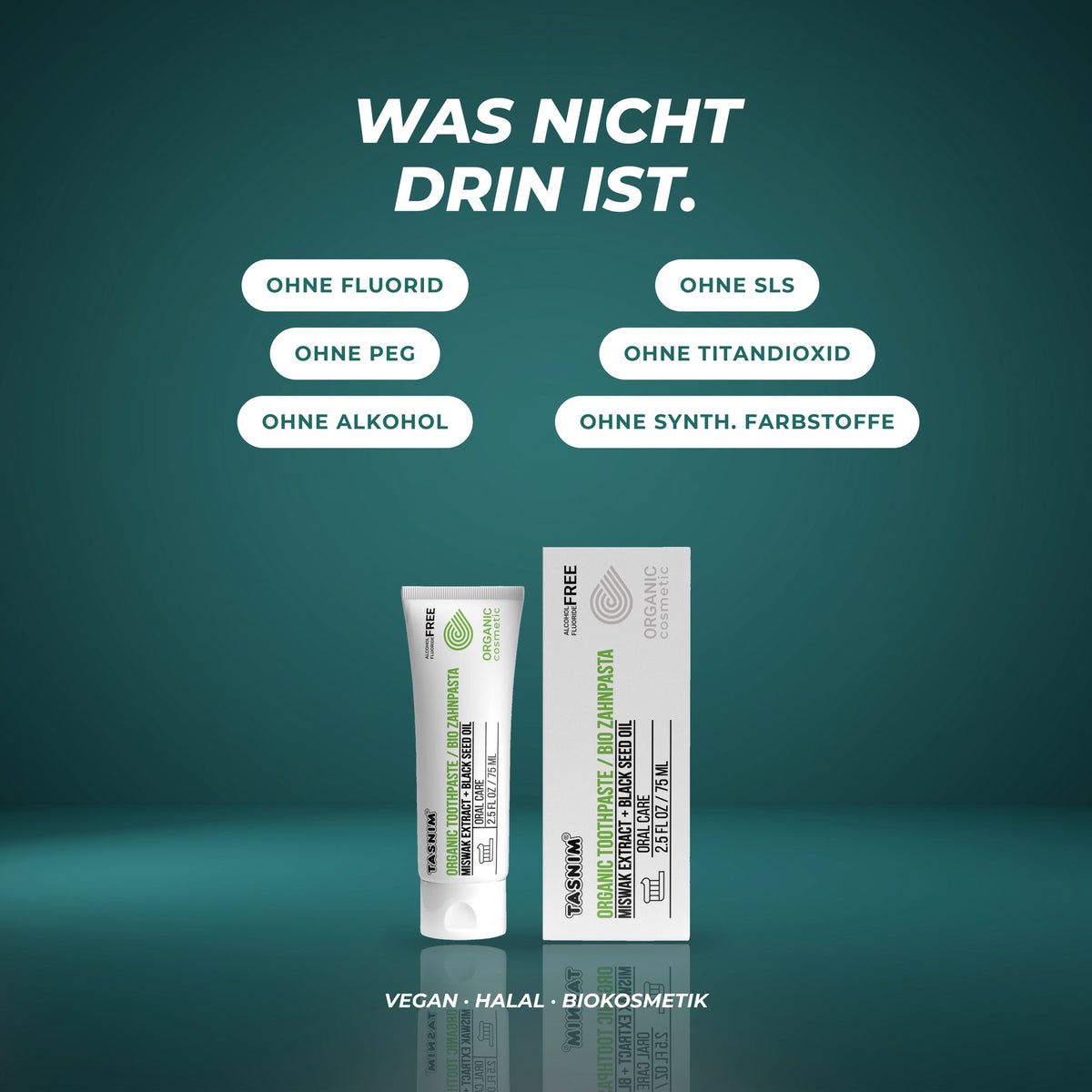 Was nicht drin ist: ohne Fluorid, SLS, PEG, Titandioxid, Alkohol und synthetische Farbstoffe