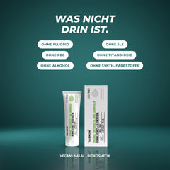Was nicht drin ist: ohne Fluorid, SLS, PEG, Titandioxid, Alkohol und synthetische Farbstoffe