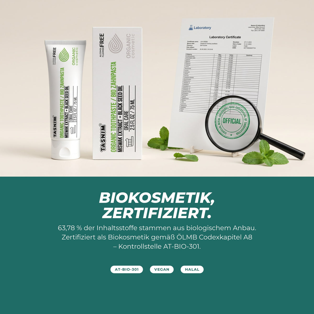 Biokosmetik, zertifiziert: 63,78 % Bio-Anteil, ÖLMB Codexkapitel A8, Kontrollstelle AT-BIO-301, vegan, halal